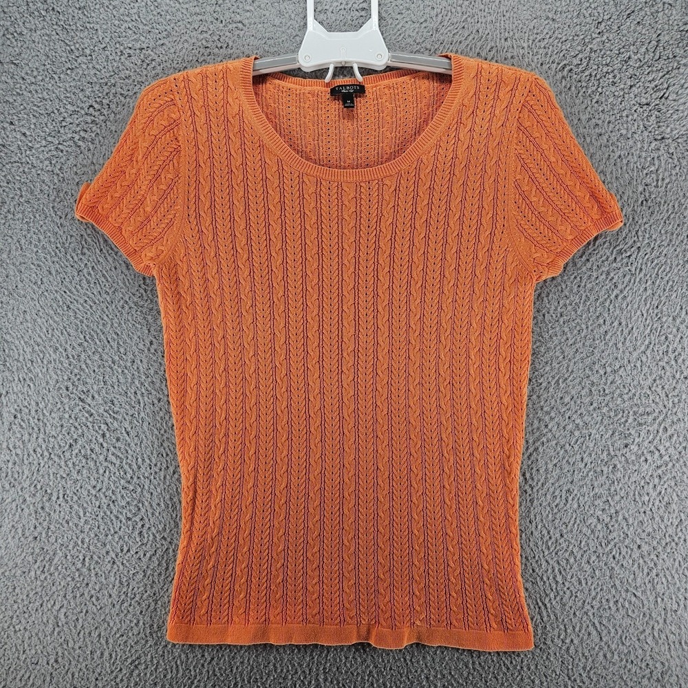 Talbots Womens Orange Cable Knit Pointelle Short Sleeve Cotton Sweater Size M